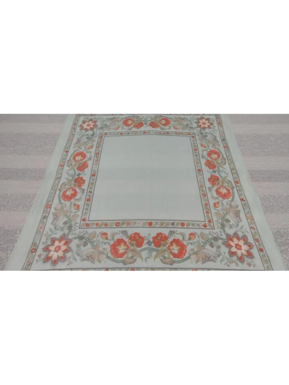 Vintage Cacharel Silk Rayon Scarf Bohemian Style Border Floral Mint Green Gray